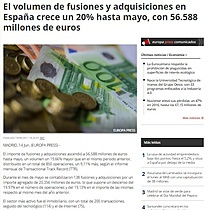 El volumen de fusiones y adquisiciones en Espaa crece un 20% hasta mayo, con 56.588 millones de euros